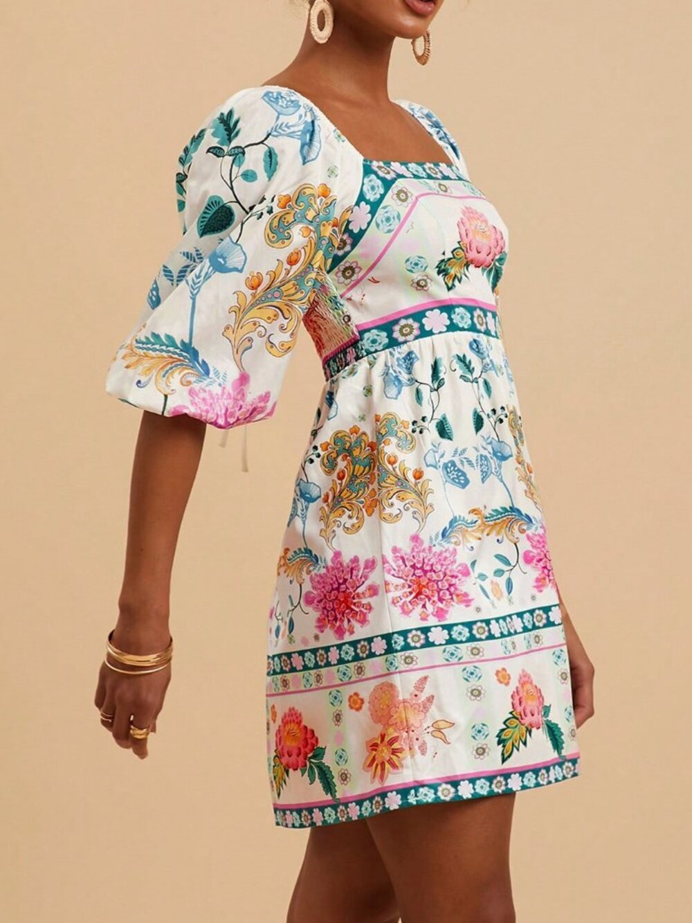 Multicolor Boho Women's Woven Print Short Sleeve V-Neck Mini Dress Festival - Picture 7 of 7